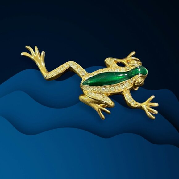 Vintage Enamel and Rhinestone Climbing Frog Brooch Figural Pin - Picture 1 of 10